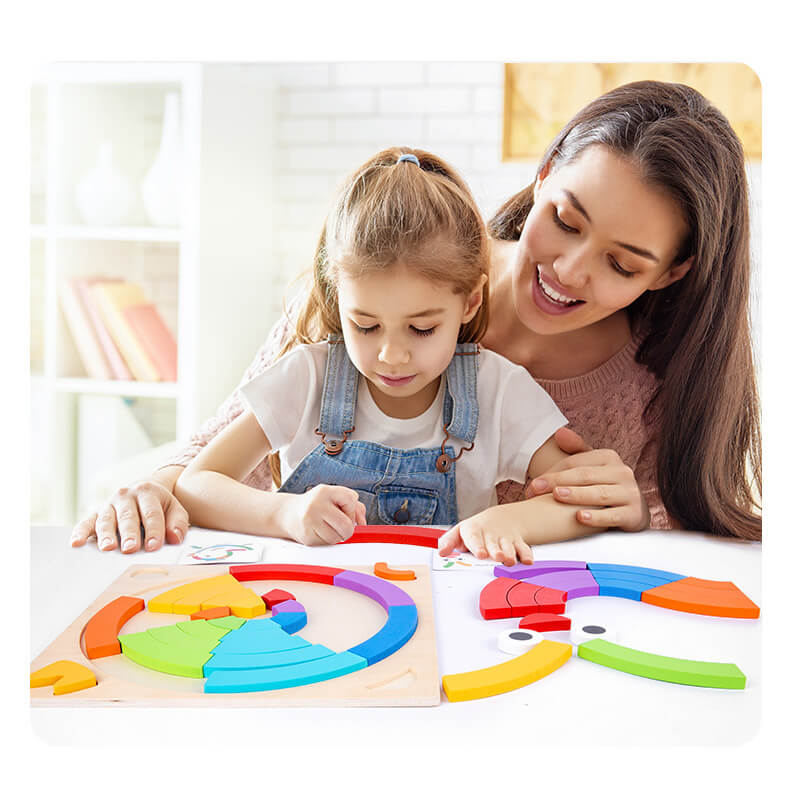 Wooden Building Blocks Puzzle Toy with Rainbow Pieces and Cards 5