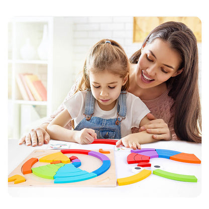 Wooden Building Blocks Puzzle Toy with Rainbow Pieces and Cards 5