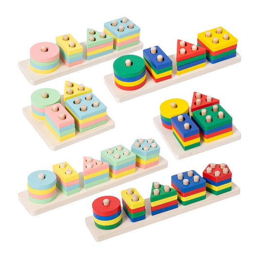 Wooden Geometric Pillar Building Blocks Montessori Educational Toy