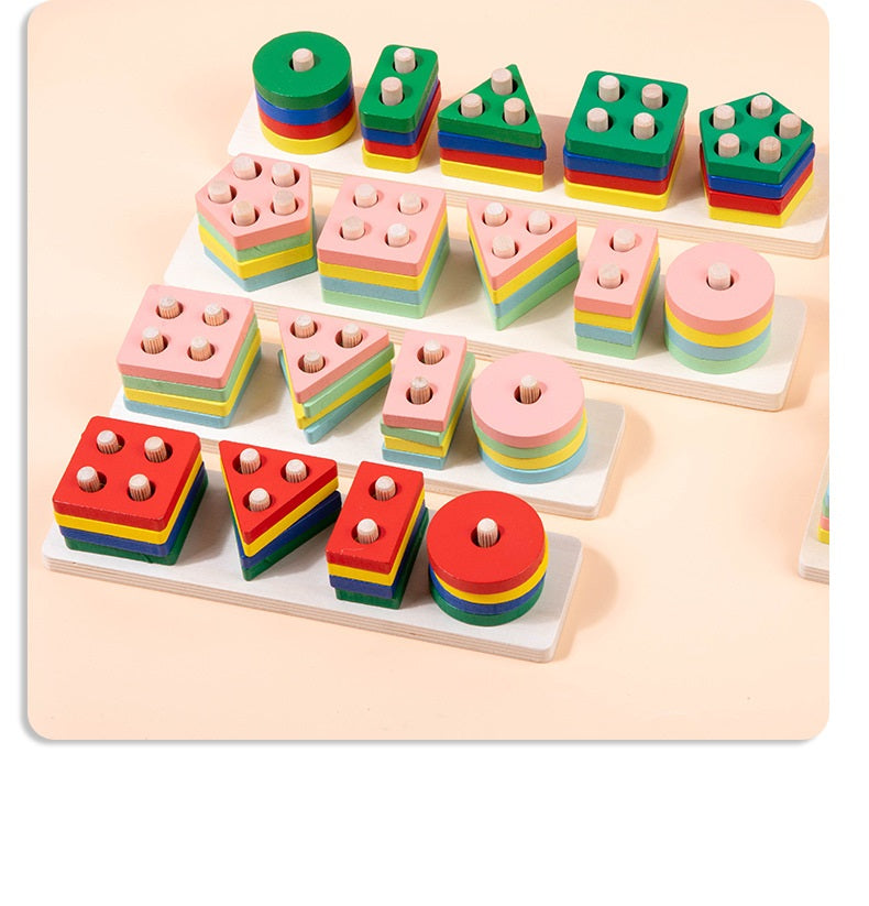 Wooden Geometric Pillar Building Blocks Montessori Educational Toy 14