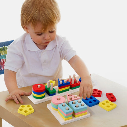 Wooden Geometric Pillar Building Blocks Montessori Educational Toy 3