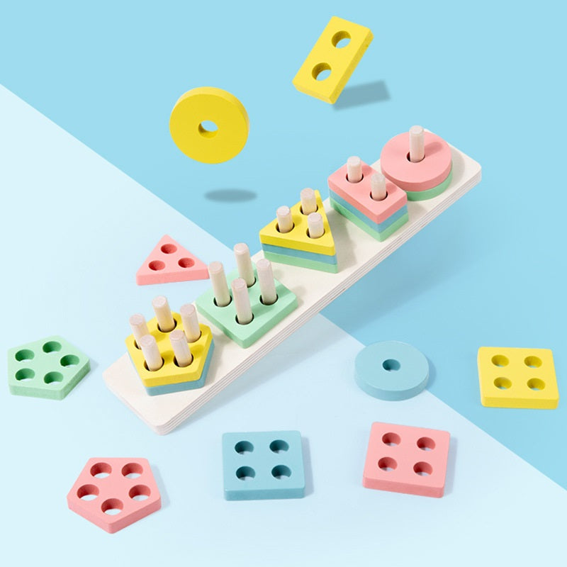 Wooden Geometric Pillar Building Blocks Montessori Educational Toy 2