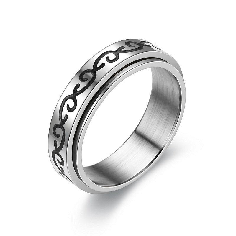 Stainless Steel Fidget Ring with Wish Pattern Spinner US Size 5-12