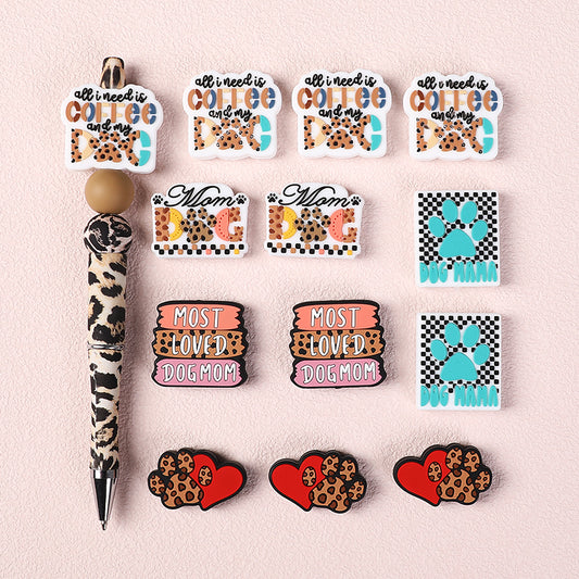 Silicone Focal Beads Leopard Dog Mom Series with Text and Paw Prints