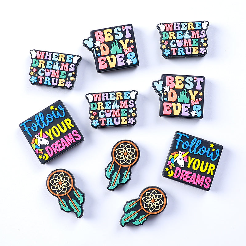 20pcs Silicone Focal Beads Dreams Text and Unicorn with Dreamcatcher Design 17