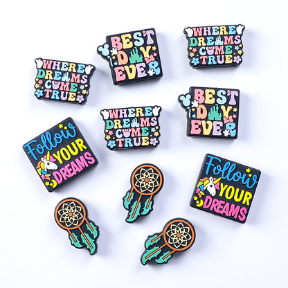 20pcs Silicone Focal Beads Dreams Text and Unicorn with Dreamcatcher Design 17