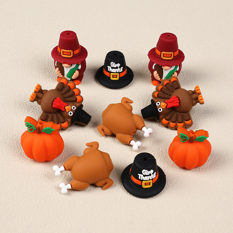 20Pcs Silicone 3D Focal Beads Thanksgiving Theme Turkey Pumpkin Hat Designs 2