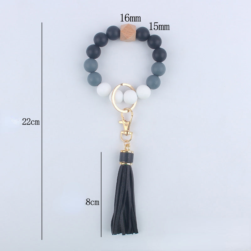 Tassel Silicone Bead Wristlet Keychain with Wooden Bead Charm 8cm 5