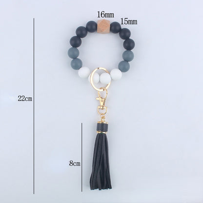 Tassel Silicone Bead Wristlet Keychain with Wooden Bead Charm 8cm 5