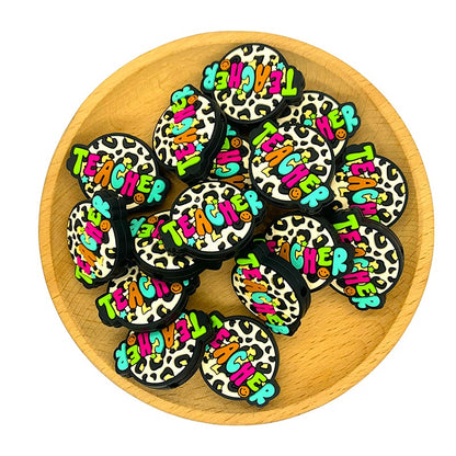 20pcs Silicone Focal Beads Teacher Colorful Lettering Leopard Print Circle 2