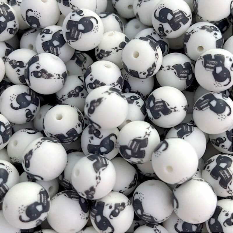 50pcs 15mm Elephant Print Silicone Beads Black and White Design
