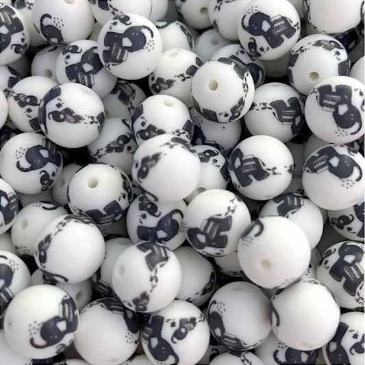 50pcs 15mm Elephant Print Silicone Beads Black and White Design