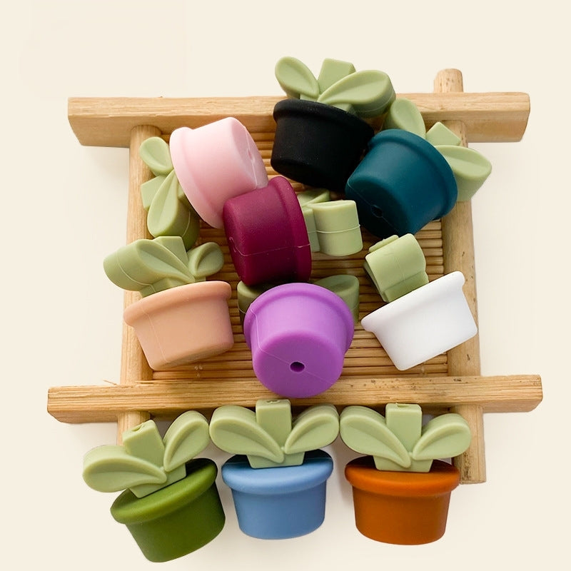 20Pcs Silicone 3D Focal Beads Flowerpot Grass With Leaf Detail