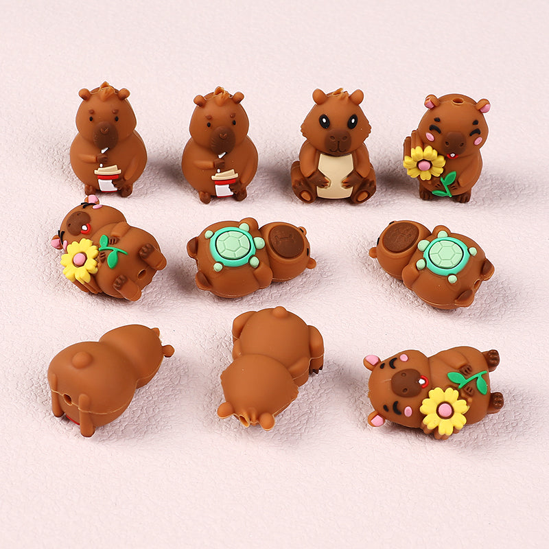 20Pcs Silicone 3D Focal Beads Capybara Holding Flower and Sitting Pose