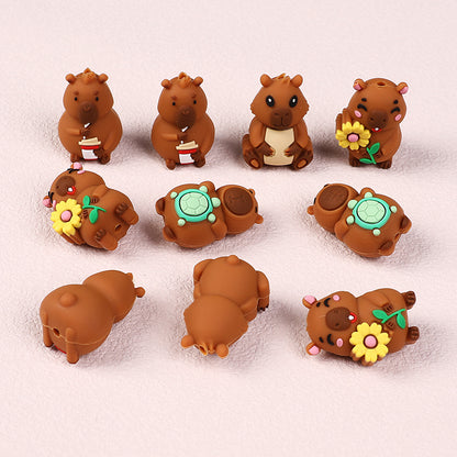 20Pcs Silicone 3D Focal Beads Capybara Holding Flower and Sitting Pose