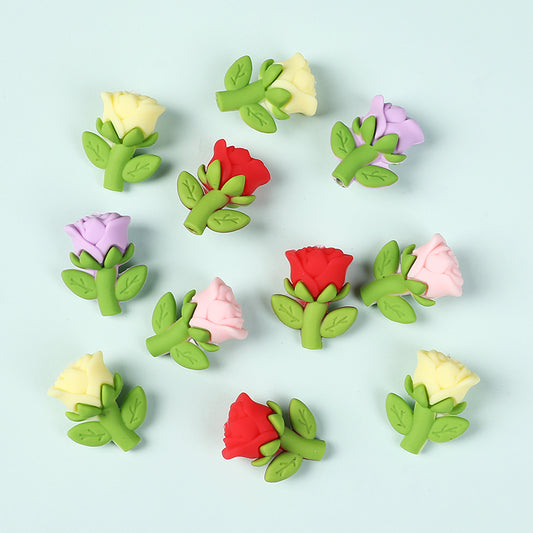 20Pcs Silicone 3D Focal Beads Multi Color Rose Holding Stem