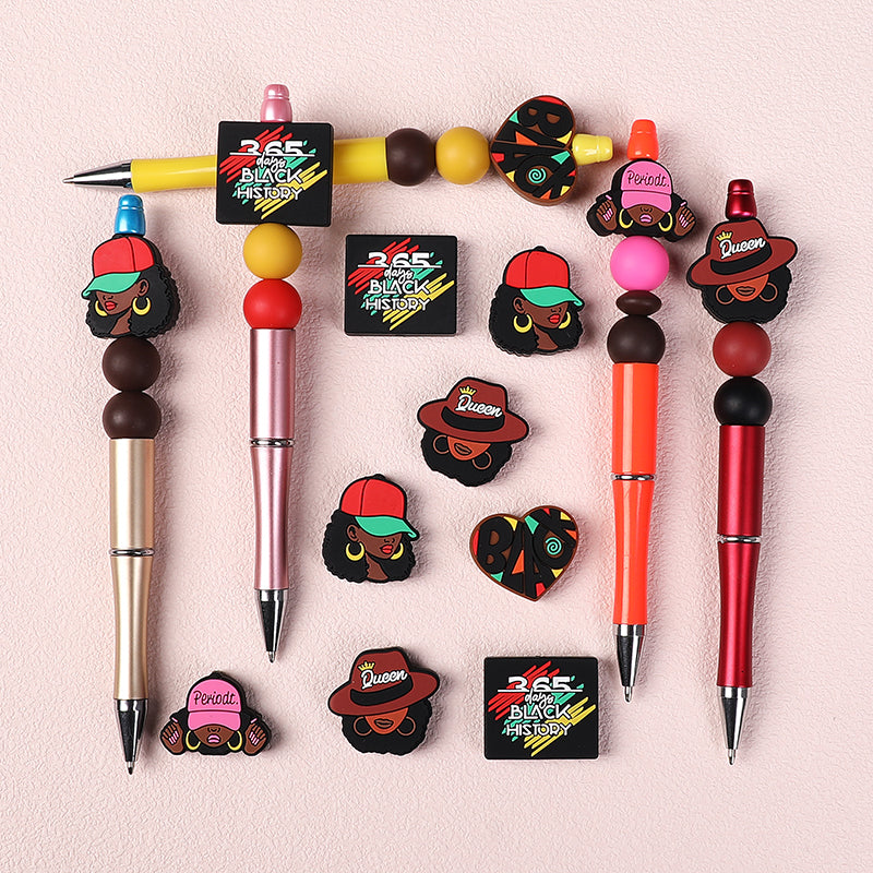 20pcs Silicone Focal Beads Black Girl Wearing Hat and Afro Hairstyle 7