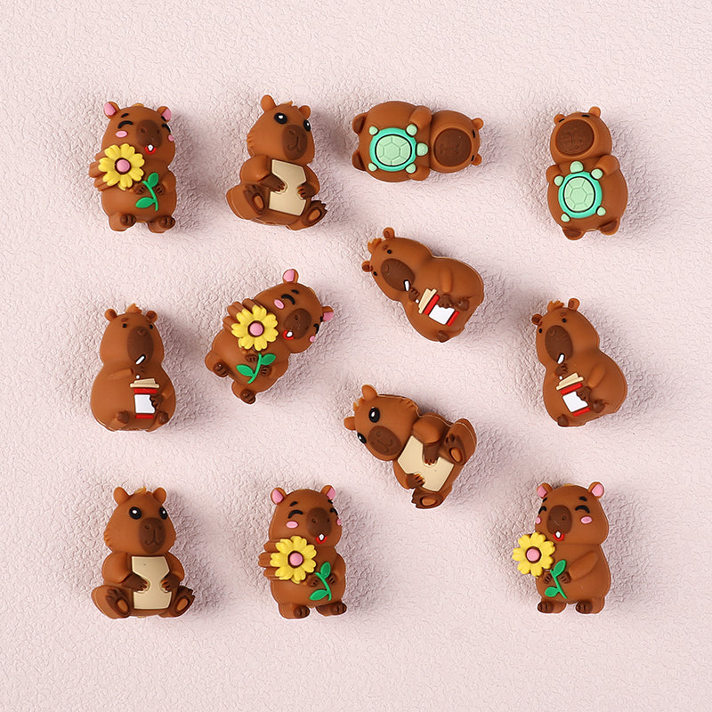 20Pcs Silicone 3D Focal Beads Capybara Holding Flower and Sitting Pose 4