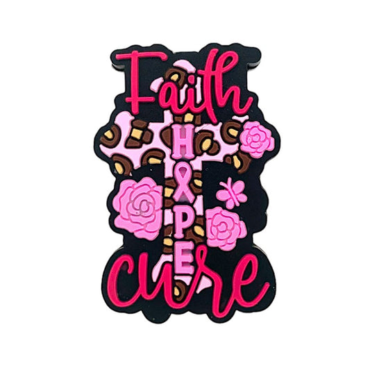 20pcs Silicone Focal Beads Faith Hope Cure Cross With Pink Rose Detail