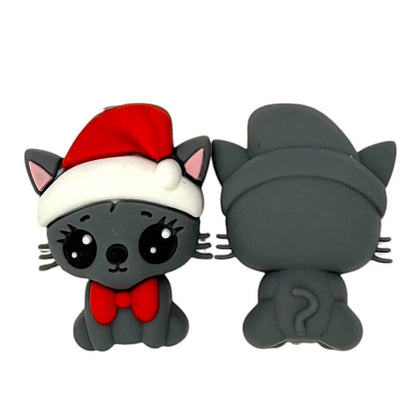 20Pcs Silicone 3D Focal Beads Grey Cat Wearing Red Bow