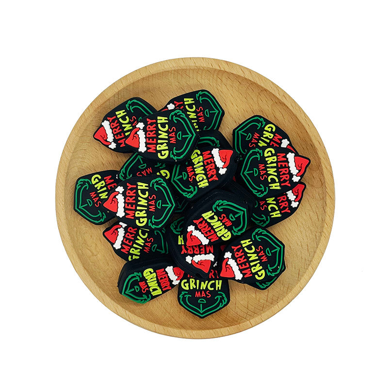 20pcs Silicone Focal Beads Green Furry Character Scowling Face with Santa Hat 2