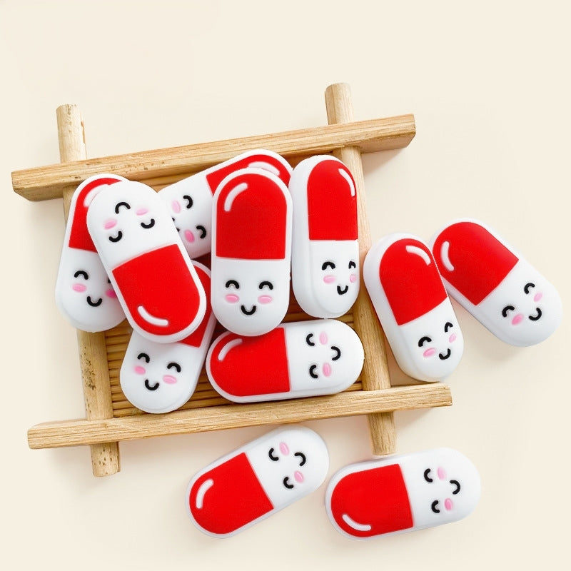 20Pcs Silicone Focal Beads Pills Capsule Smiling Face Design