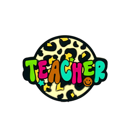 20pcs Silicone Focal Beads Teacher Colorful Lettering Leopard Print Circle