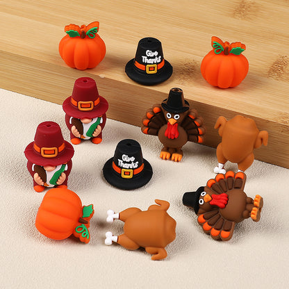 20Pcs Silicone 3D Focal Beads Thanksgiving Theme Turkey Pumpkin Hat Designs