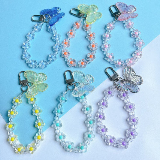 Flower Butterfly Acrylic Beaded Wristlet Keychain Charm
