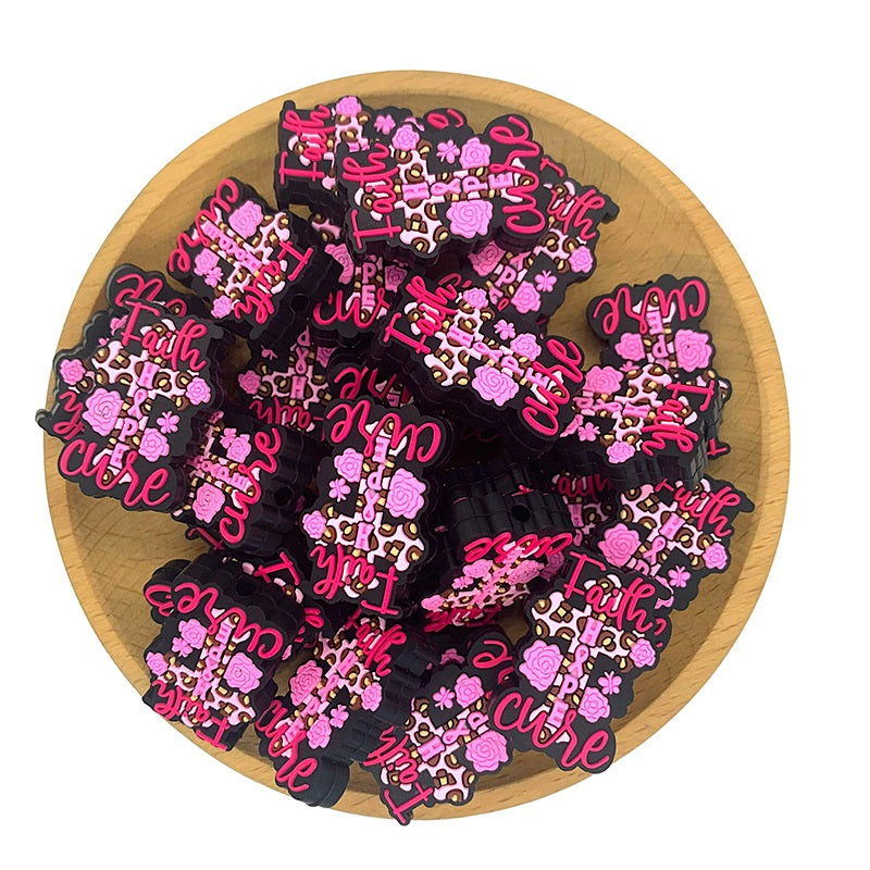 20pcs Silicone Focal Beads Faith Hope Cure Cross With Pink Rose Detail 2