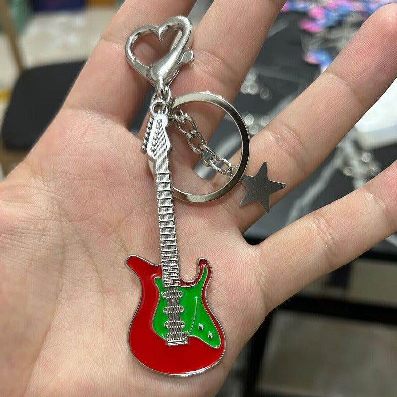 Guitar Five-Pointed Star Zinc Alloy Keychain with Heart Charm 12