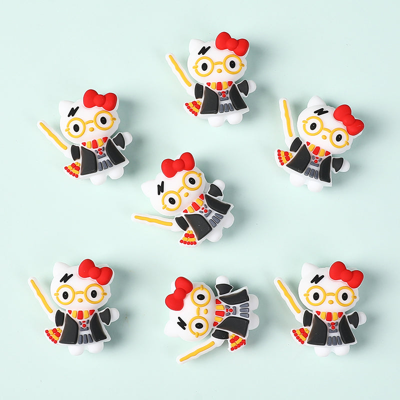 20Pcs Silicone 3D Focal Beads White Cat Wearing Glasses with Red Bow 2