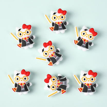 20Pcs Silicone 3D Focal Beads White Cat Wearing Glasses with Red Bow 2