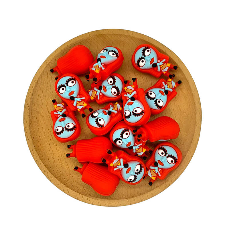 Silicone 3D Focal Beads Halloween Girl Blue Face Red Hair Front Facing 2