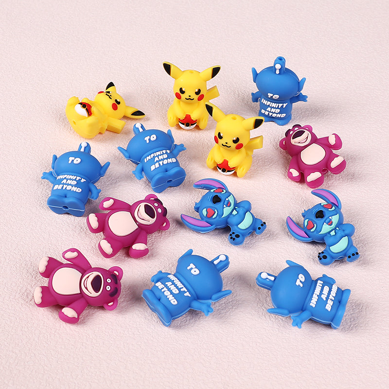 20Pcs Silicone 3D Focal Beads Yellow Mouse Round Cheeks Lightning Tail Blue Alien Character Large Ears Purple Bear Lying Pose 3