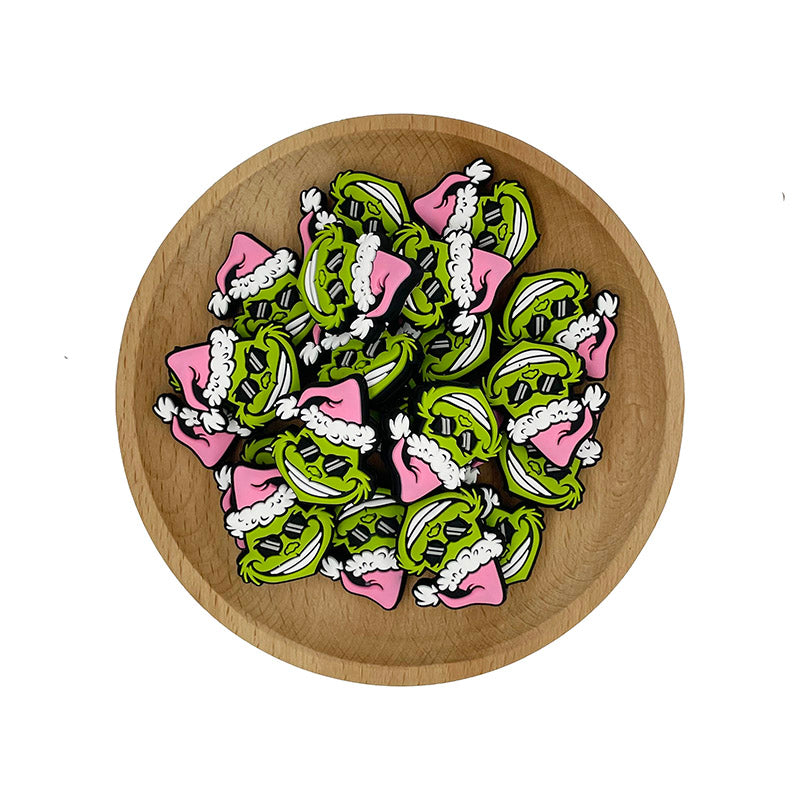 20pcs Silicone Focal Beads Green Furry Character Scowling Face Wearing Santa Hat 6