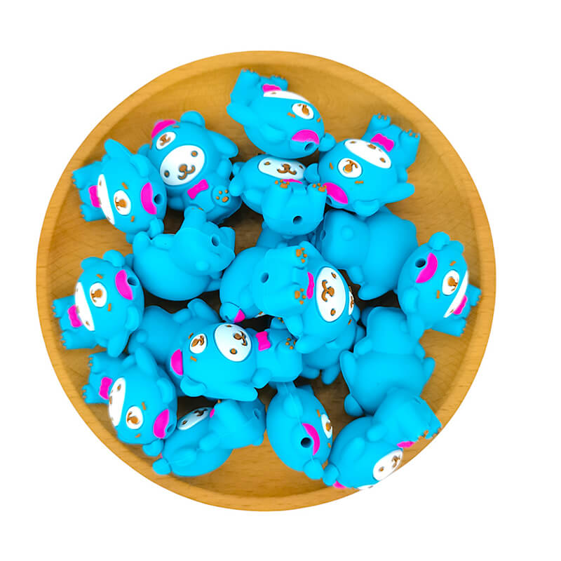 Silicone 3D Focal Beads Blue Bear with Pink Bow Detail 2