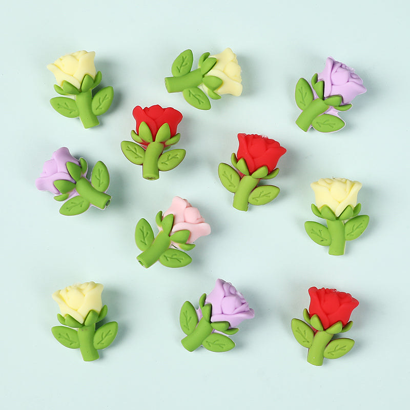 20Pcs Silicone 3D Focal Beads Multi Color Rose Holding Stem 2