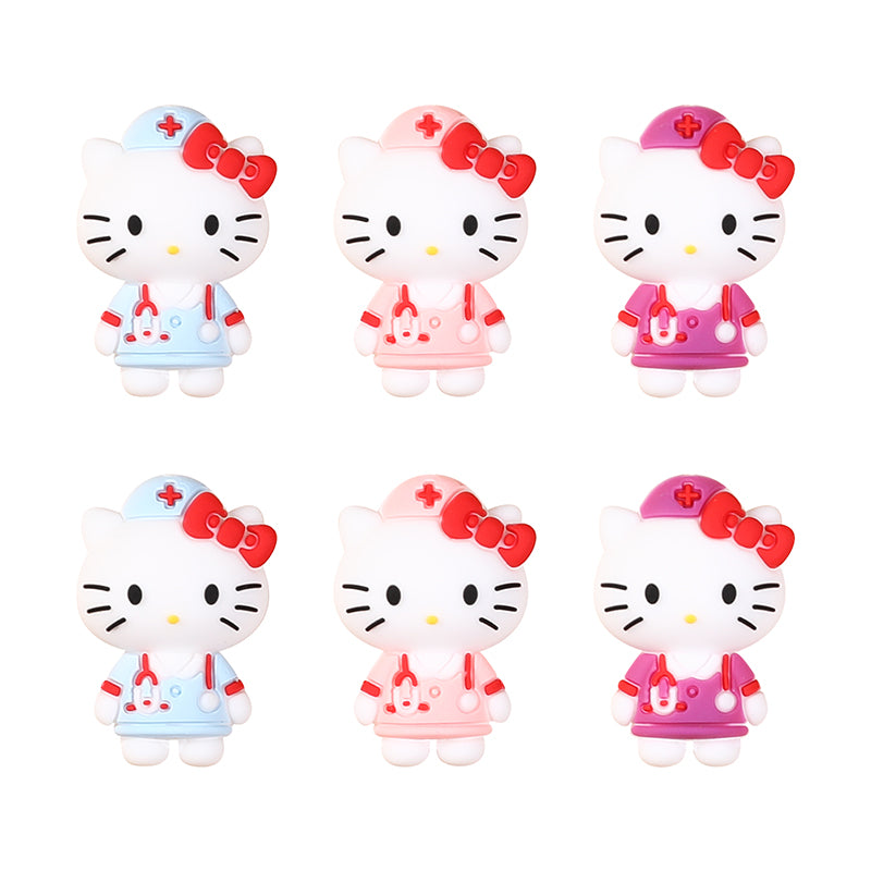 20Pcs Silicone 3D Focal Beads White Cat Wearing Nurse Hat with Stethoscope 11