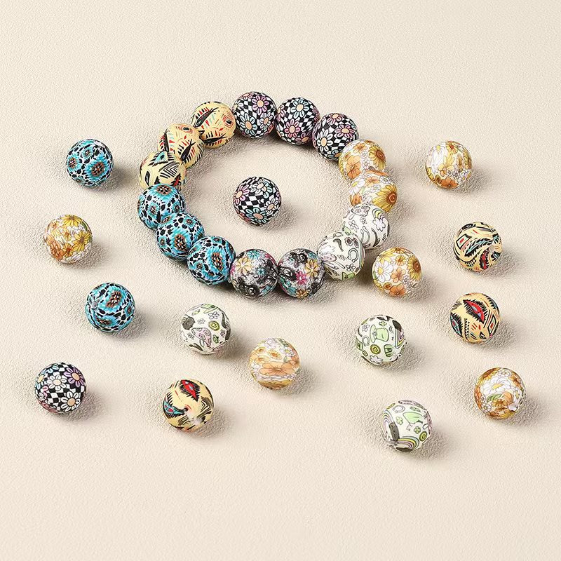 50pcs 15mm Rhombus Printed Silicone Beads Multi Color Design 5