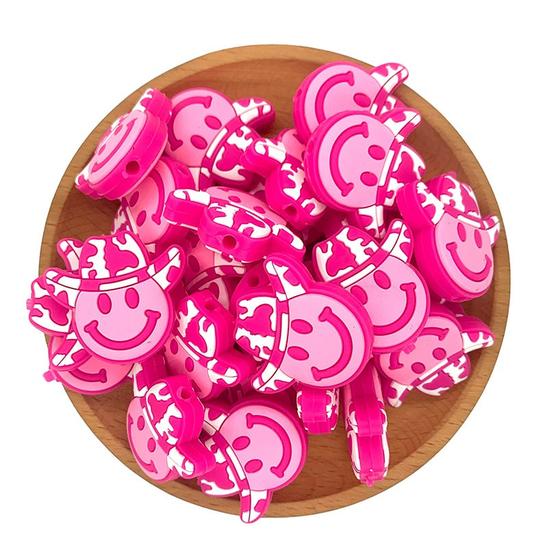 20pcs Silicone Focal Beads Cow Print Hat Smiley Face 2