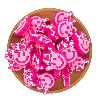20pcs Silicone Focal Beads Cow Print Hat Smiley Face 2