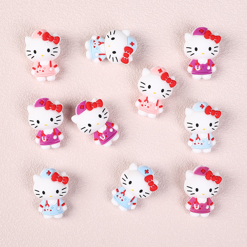 20Pcs Silicone 3D Focal Beads White Cat Wearing Nurse Hat with Stethoscope 2