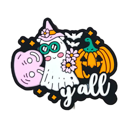 Silicone Focal Beads Pumpkin Ghost With Flowers and Glasses
