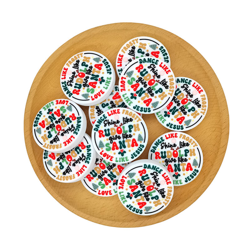 Silicone Focal Beads Rudolph Santa Holiday Printed Text Design 2