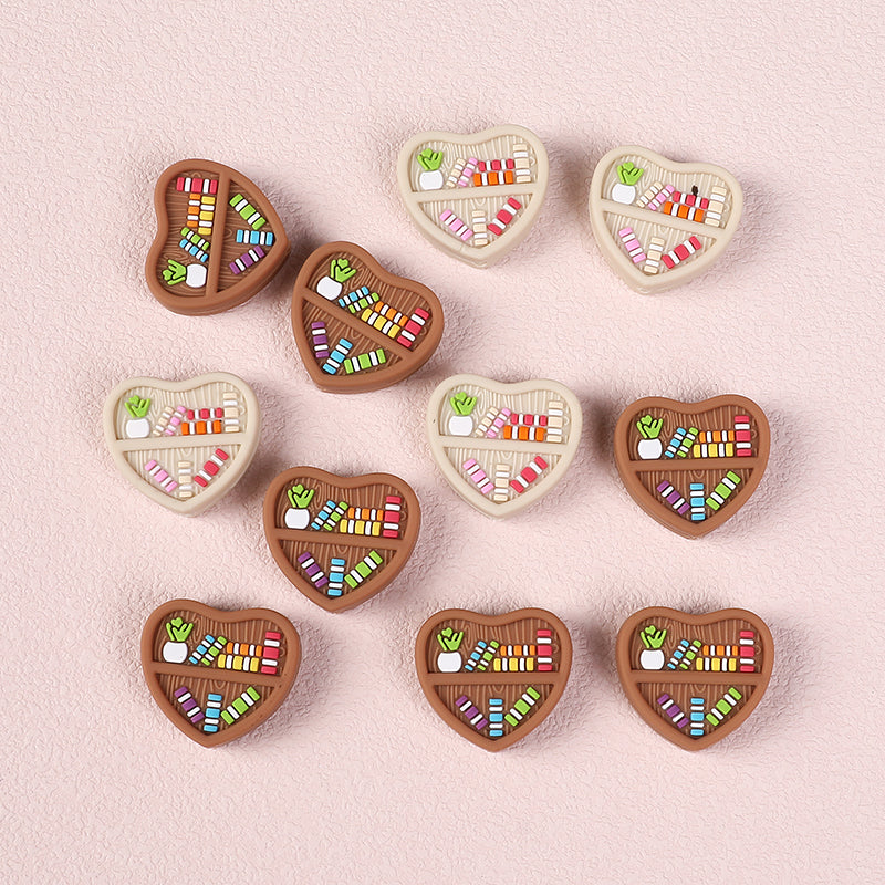 20Pcs Silicone Focal Beads Double Sided Heart Shaped Bookshelf Design 5