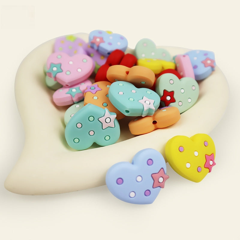Silicone Focal Beads Pentagram Heart Shaped with Star Detail