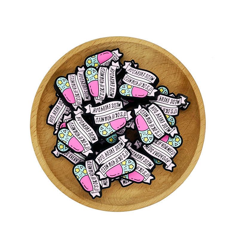 20pcs Silicone Focal Beads Medicine Pill with Text Design 2