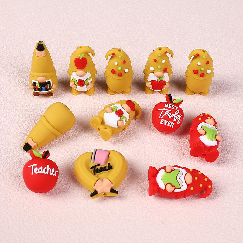 20Pcs Silicone 3D Focal Beads Teacher Series Pencil and Gnome Designs