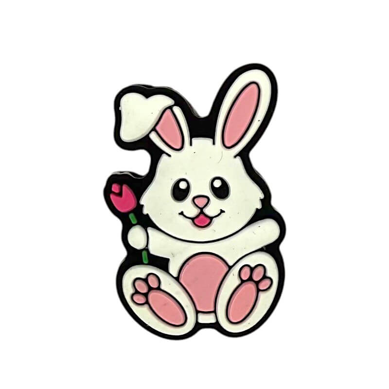 Silicone Focal Beads Easter Rose Rabbit Holding Flower